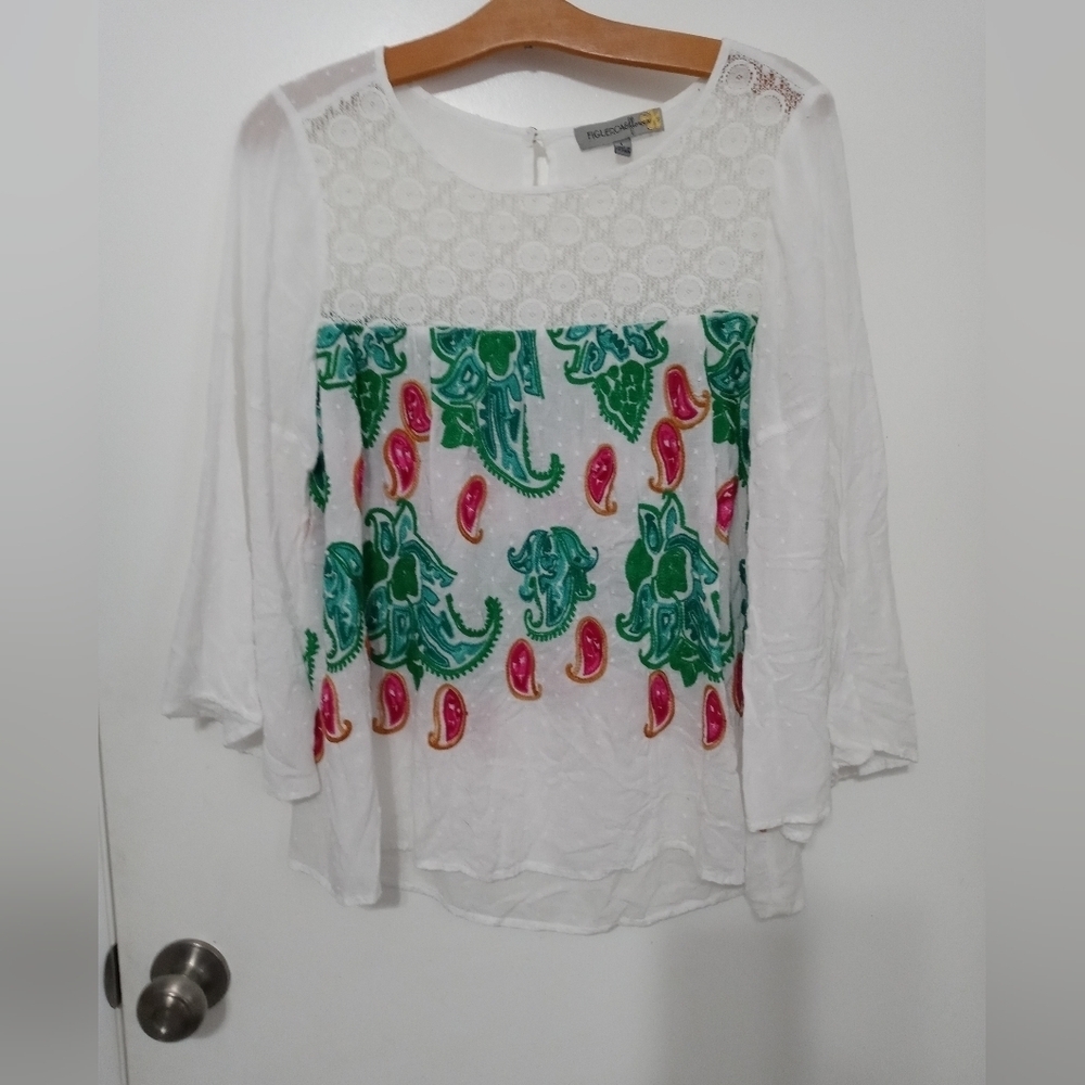 Figueroa & Flower Anthropologie Embroidered paisley w. Swiss Dot Sheer blouse L